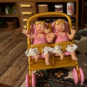 Rare my mini baby Twins in stroller Pink and Gold Twin